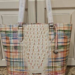 Brahmin Ellen Tote Sweet Tea Pastel Plaid & Ivory Melbourne Croc Emboss Leather